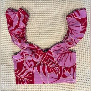 Pink and Red Leaf Print Crop Top